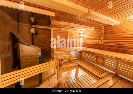 Interior of Finnish sauna, classic wooden sauna Stock Photo