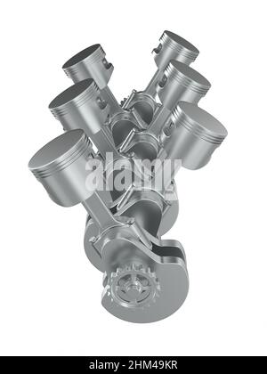 Engine pistons and crankshaft on white background. Isolated 3d illustration Stock Photo