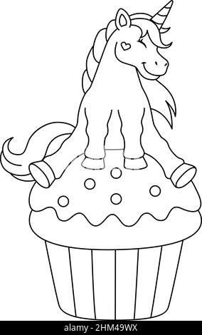 Unicorn Sitting On A Cupcake Coloring Page Stock Vector Image & Art - Alamy