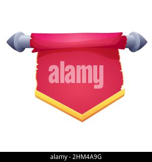 Red hanging medieval banner flag with cloth texture and golden decoration in cartoon style isolated on white background. Ui game asset, heraldic design element,. Vector illustration Stock Vector