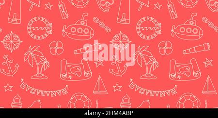 Nautical style seamless wallpaper with hand drawn elements in line art style Stock Vector