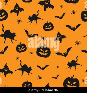 Halloween repeating seamless pattern with pumpkins, ghosts, black cat, bats. Vector illustration for printing. A set of images on the theme of Hallowe Stock Vector