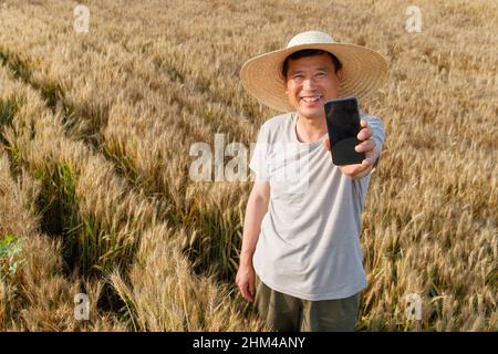 Farmers stand in the catcher in the use of mobile phones Stock Photo