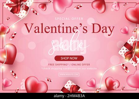 Valentine's day sale banner vector illustration with hearts and typography. Sale promo template design. Stock Vector