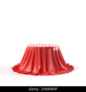 Round box covered with red fabric isolated on white background Stock Photo