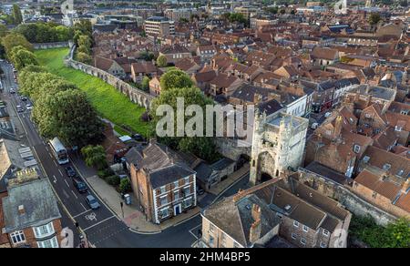 Aerial photo of Monk Bar and the bar walls , York, UK. Stock Photo