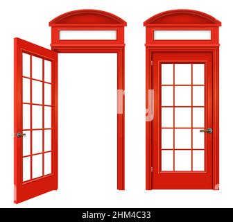 Red classic English telephone booth. Street of London. Facades. Transparency effect. Set Stock Vector