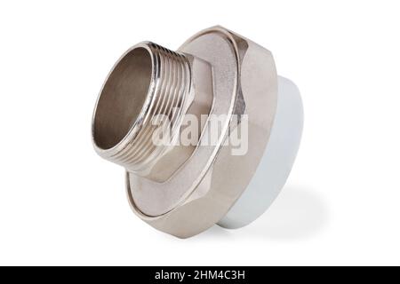 Combined water pipe coupling for connecting polypropylene and steel pipelines isolated on white Stock Photo