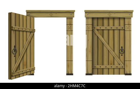 Ancient wooden arched door fantasy scandinavian gothic. Vector graphics. The ancient hut. Texture Stock Vector