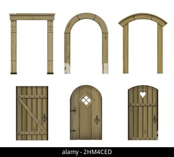 Set of textures of wooden vintage doors .Vector graphics. Medieval framing entrances and doors Stock Vector