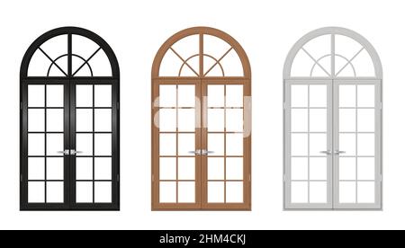 Set of classic arched wooden doors for a balcony. Doors of different colors. Vector graphics Stock Vector