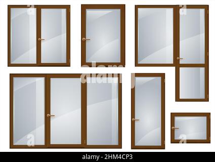 A set of brown plastic windows. Vector graphics. Transparency of glass Stock Vector