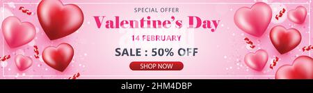 Valentine's day sale banner vector illustration with hearts and typography. Sale promo template design. Stock Vector