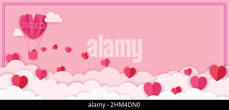 Valentines day background, banner, wallpaper design. Pink background with origami hearts, neon sign and clouds. Stock Vector