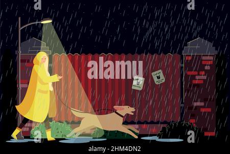 Pet care concept. A woman walks her dog despite bad weather. Rainy evening. Stock Vector