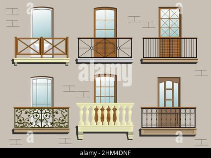 Set of different classical balconies in vector graphics. Stock Vector