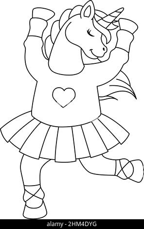 Unicorn Ballerina Dancing Coloring Page Isolated  Stock Vector