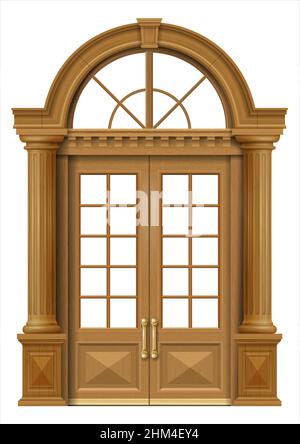 Classic facade with wooden oak door in a classic style. Vector graphics Stock Vector