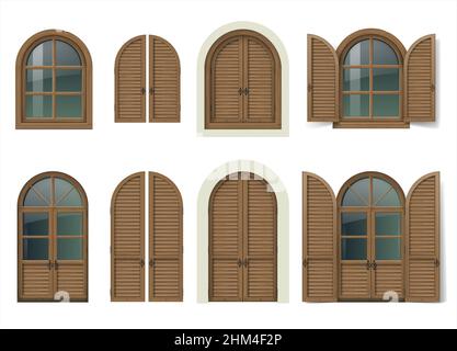Vintage wooden window and door with shutters. Mediterranean style. Traditional architecture. Vector graphics. Item set. Stock Vector