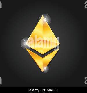 Golden shiny Ethereum icon badge symbol vector image. Golden digital cryptocurrency coin. Electronics finance money symbol. Stock Vector