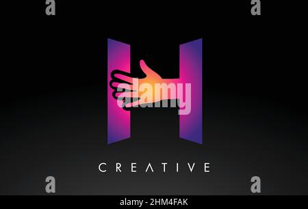 Purple Letter H Logo with Hand Vector Icon Illustration. Creative Hand Logo Letter in Black and purple with hand silhouette. Stock Vector