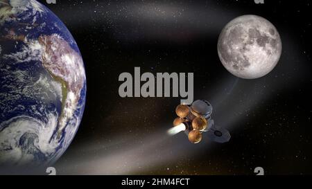 Rocket spaceship to the moon reaches the stars. Elements of this image furnished by NASA. Stock Photo