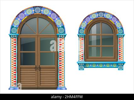 Arched wooden doors and window in Mexican or Spanish style with bright colored ornamental frame. Vector graphics Stock Vector