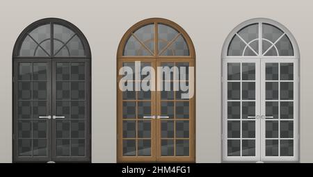 Set of classic arched wooden doors for a balcony. Doors of different colors. Vector graphics Stock Vector