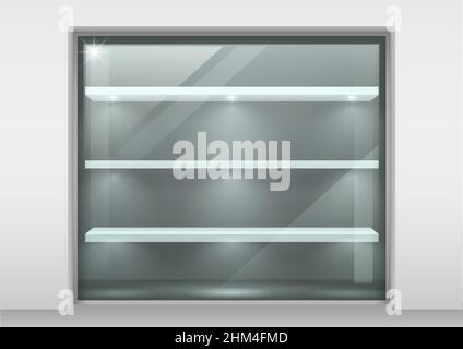 Showcase with glass wall, white shelves and spotlights. Vector ...