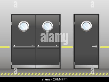 A set of technical laboratory door, hospitals, schools, food production or storage facilities with round windows. A double and a single door in vector Stock Vector
