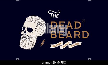 Skull man. Poster of vintage skull man, hipster label, portrait man. Retro old school illustration with text Dead Beard, barber salon, hipster style. Vector Illustration Stock Vector
