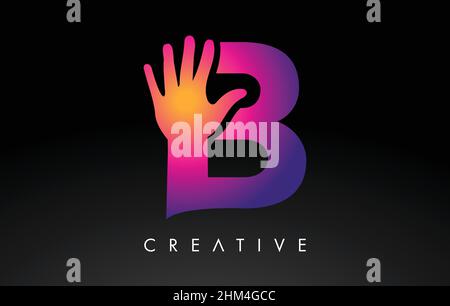 Purple Letter B Logo with Hand Vector Icon Illustration. Creative Hand Logo Letter in Black and purple with hand silhouette. Stock Vector