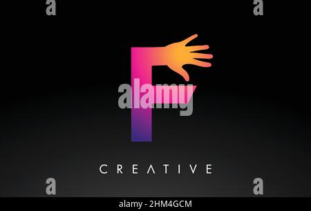 Purple Letter F Logo with Hand Vector Icon Illustration. Creative Hand Logo Letter in Black and purple with hand silhouette. Stock Vector