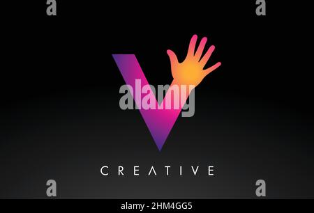 Purple Letter V Logo with Hand Vector Icon Illustration. Creative Hand Logo Letter in Black and purple with hand silhouette. Stock Vector
