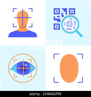 Biometric scan and QR code icon set in flat style. Vector illustration. Stock Vector