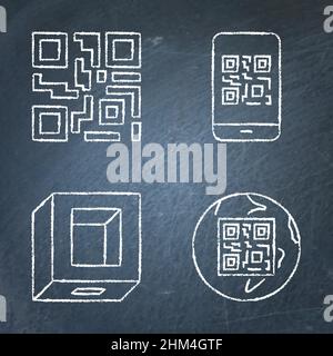 QR codes and qrcode scanner icon set on chalkboard. Vector illustration. Stock Vector