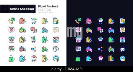 Online shopping pixel perfect light and dark theme color icons set Stock Vector