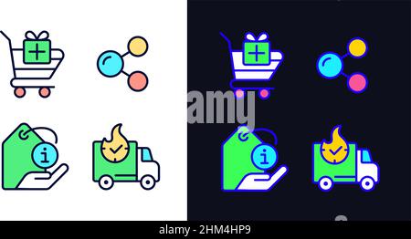 Buying products on internet pixel perfect light and dark theme color icons set Stock Vector
