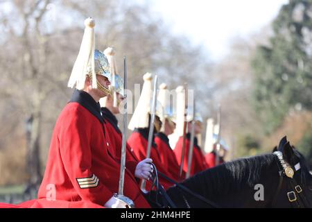 Members of the Household Cavalry during the changing of the Queen's Life Guard, on Horse Guards Parade, in central London. Picture date: Monday February 7, 2022. Stock Photo