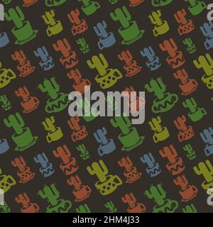 Seamless pattern with diagonal simple drawing cactus silhouette in cups and pots on dark background Stock Vector