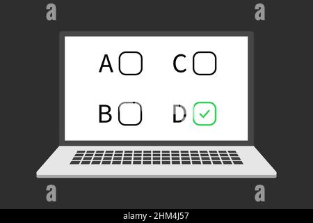 Online form survey on computer vector illustration, flat cartoon desktop pc showing exam paper sheet document icon Stock Vector