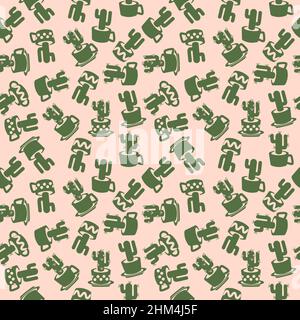 Seamless pattern with simple colored drawing cactus silhouette in cups and pots Stock Vector