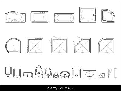 Set of icons for architectural plans. Plumbing from baths, sinks and toilets, showers. Vector graphics Stock Vector