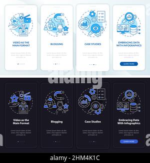 Content marketing trends night and day mode onboarding mobile app screen Stock Vector