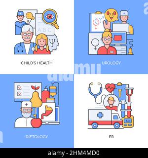 Health care - set of line design style colorful illustrations. Four detailed images on ambulance and hospital topic. Pediatrician, urologist, nutritio Stock Vector