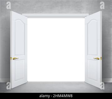 Open white double doors. Background in vector graphic. White wall Stock Vector