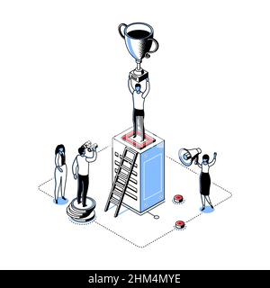 Leadership and victory - modern line isometry design style illustration on white background. Man holds the victory cup over his head. Career advanceme Stock Vector