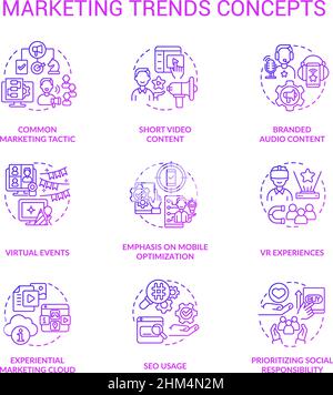 Marketing trends purple gradient concept icons set Stock Vector