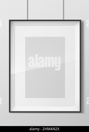 Vertical black thin photo frame with transparent glass. Frame picture or certificate. Vector Blanket for interior prints Stock Vector
