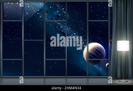 Panoramic window of the space hotel. Concept. Space travel Stock Vector